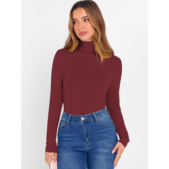 DUOEASE Tshirt Damen Basic Langarmshirt Damen Rollkragen Einfarbig Top Elegant Casual Rollkragenpullover Herbst Winter Oberteile(Weinrot M