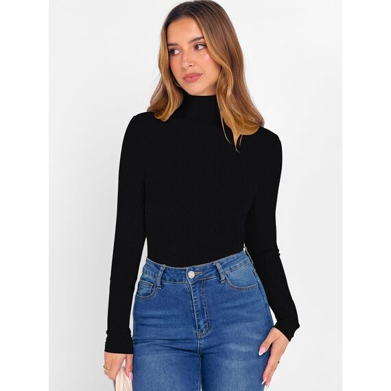 DUOEASE Longsleeve Damen Elegant Basic Rollkragen Tshirt Damen Slim Fit Gerippt Langarm Oberteile Herbst Winter Top(2Pack-Schwarz XS