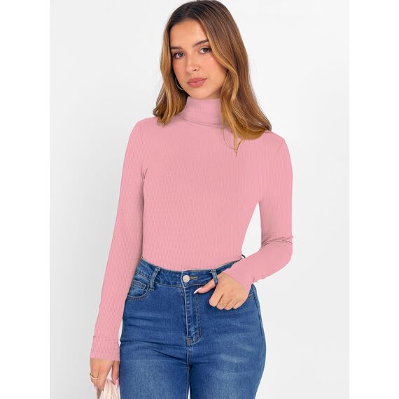 DUOEASE Longsleeve Damen Elegant Basic Rollkragen Tshirt Damen Slim Fit Gerippt Langarm Oberteile Herbst Winter Top(Rosa XS