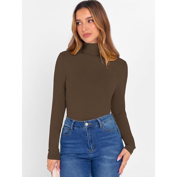 DUOEASE Longsleeve Damen Elegant Basic Rollkragen Tshirt Damen Slim Fit Gerippt Langarm Oberteile Herbst Winter Top(Braun XS