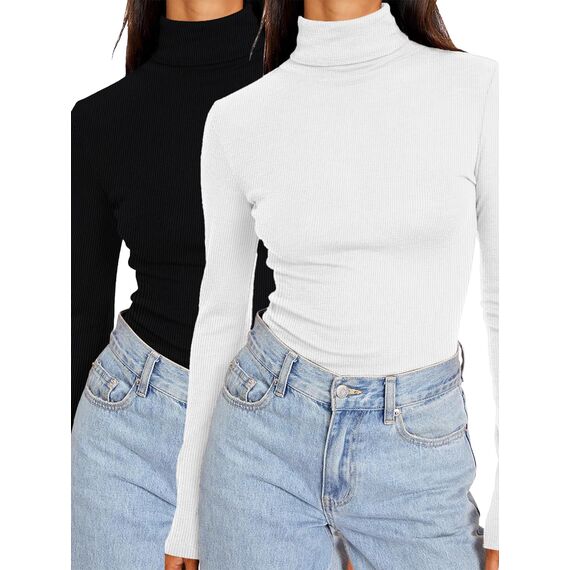 DUOEASE Longsleeve Damen Elegant Basic Rollkragen Tshirt Damen Slim Fit Gerippt Langarm Oberteile Herbst Winter Top(2Pack-Schwarz/Weiß XS