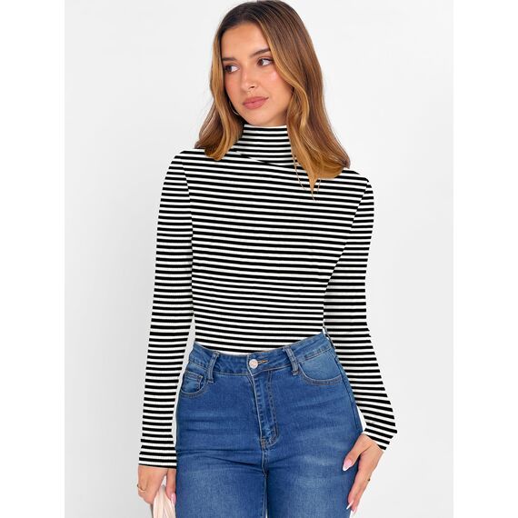DUOEASE Longsleeve Damen Elegant Basic Rollkragen Tshirt Damen Slim Fit Gerippt Langarm Oberteile Herbst Winter Top(Schwarz-Weiß-Streifen XS