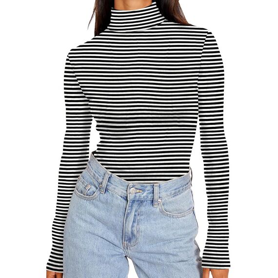 DUOEASE Langarmshirt Damen Slim Fit Casual Gerippt Rollkragenpullover Damen Herbst Winter Top Basic Einfarbig Langarm Tshirt(Schwarz-Weiß-Streifen S