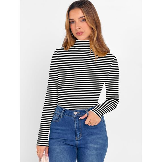 DUOEASE Langarmshirt Damen Slim Fit Casual Gerippt Rollkragenpullover Damen Herbst Winter Top Basic Einfarbig Langarm Tshirt(Schwarz-Weiß-Streifen S