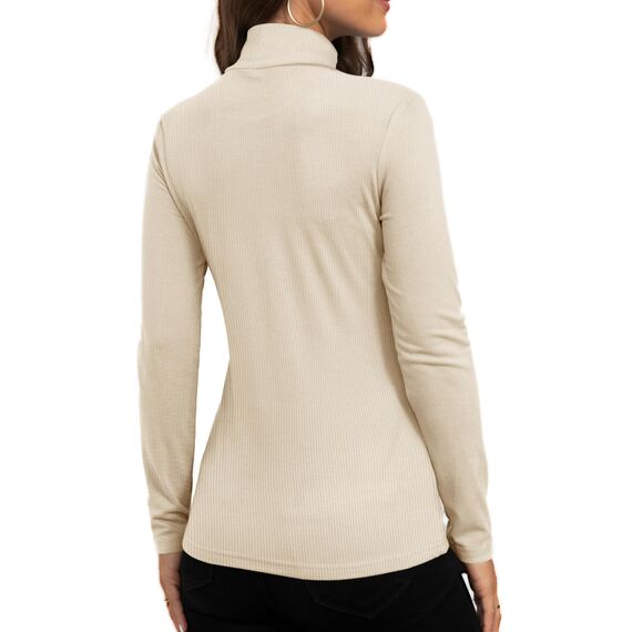 DUOEASE Longsleeve Damen Slim Fit Einfarbig Basic Langarmshirt Damen Rollkragen Langarm Casual Tshirt Herbst Winter Top(Beige XL