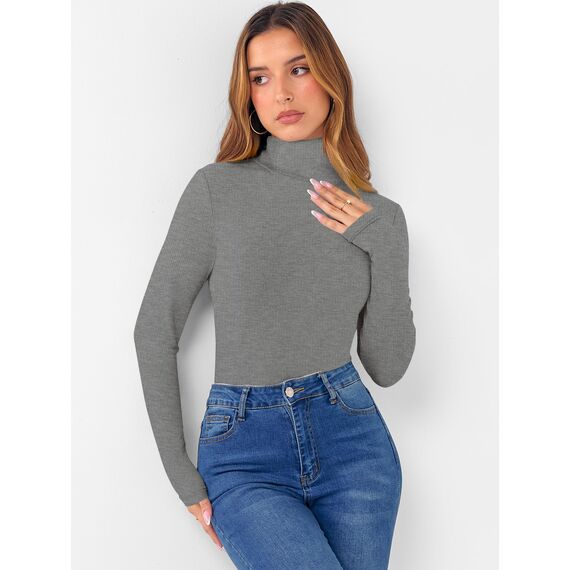 DUOEASE Rollkragenpullover Damen Basic Einfarbig Langarmshirt Damen Herbst Winter Oberteile Rollkragen Langarm Tshirt Elegant Casual Top(Grau L