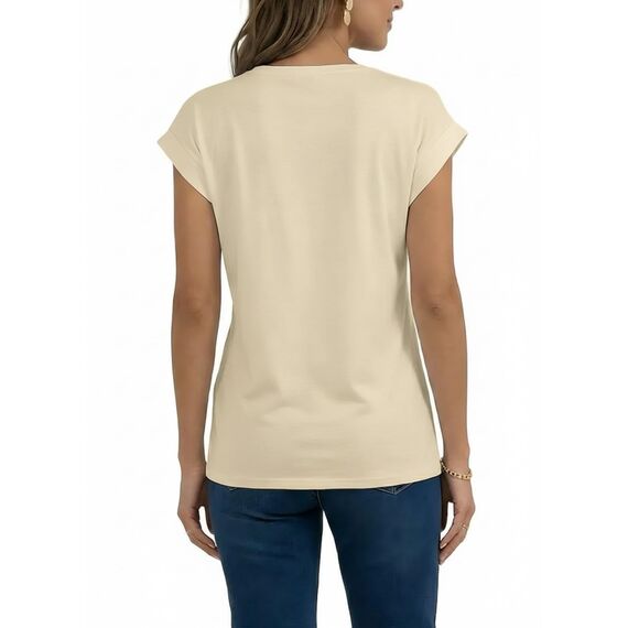 AirMood Lässiges Basic-T-Shirt für Damen, elegant, lockere Passform, Rundhalsausschnitt, Flügelärmel, Aprikose, XXL