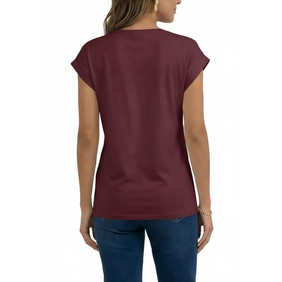 AirMood Lässiges Basic-T-Shirt für Damen, elegant, lockere Passform, Rundhalsausschnitt, Flügelärmel, burgunderfarben, M