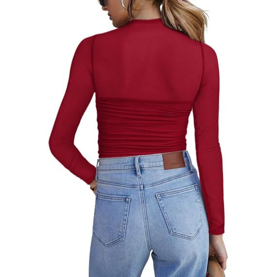 Zeagoo Sexy Party Top Damen Rundhal Netzoberteil Mesh T Shirt Langarm Frauen Clubwear Für Halloween Karneval Rotwein Langarmshirt XS