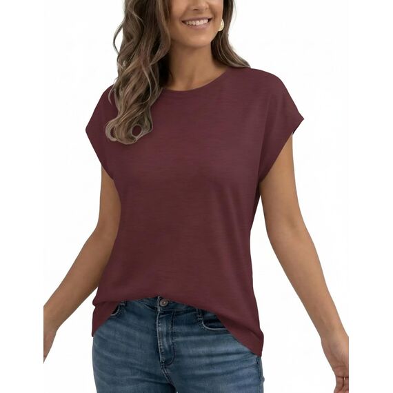 AirMood Lässiges Basic-T-Shirt für Damen, elegant, lockere Passform, Rundhalsausschnitt, Flügelärmel, burgunderfarben, Small