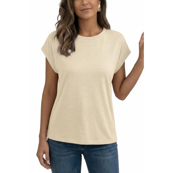 AirMood Lässiges Basic-T-Shirt für Damen, elegant, lockere Passform, Rundhalsausschnitt, Flügelärmel, Aprikose, Small