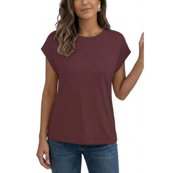 AirMood Lässiges Basic-T-Shirt für Damen, elegant, lockere Passform, Rundhalsausschnitt, Flügelärmel, burgunderfarben, Large
