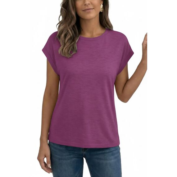 AirMood Lässiges Basic-T-Shirt für Damen, elegant, lockere Passform, Rundhalsausschnitt, Flügelärmel, violett, Small