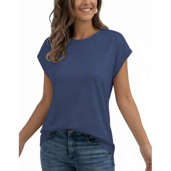 AirMood Lässiges Basic-T-Shirt für Damen, elegant, lockere Passform, Rundhalsausschnitt, Flügelärmel, blau, Large