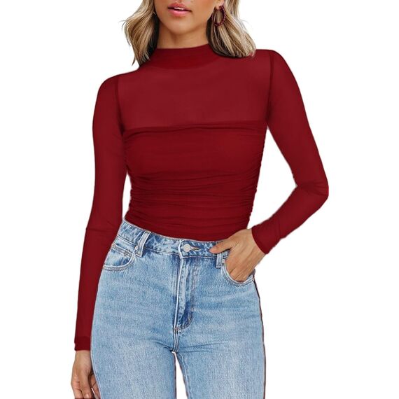 Zeagoo Netzoberteil Für Damen Sexy Party Top Mesh Oberteil Langarm Transparente Bluse Netz Tshirt Slim Fit Langarmshirt Frauen Clubwear Halloween Rotwein XL