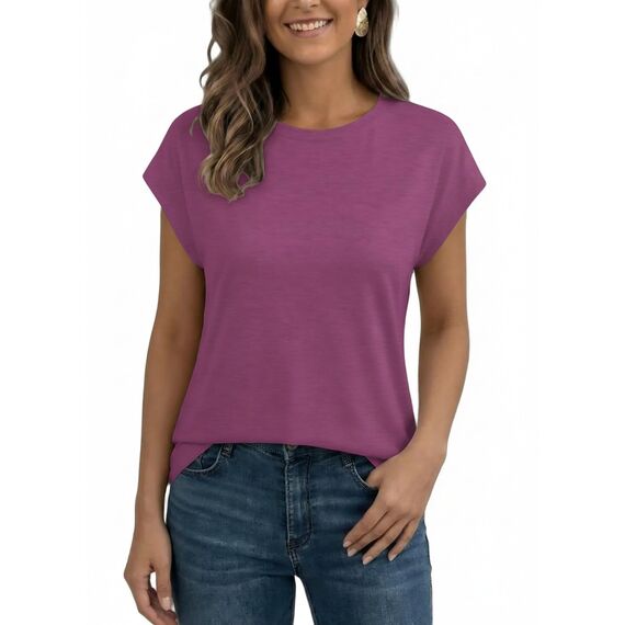 AirMood Lässiges Basic-T-Shirt für Damen, elegant, lockere Passform, Rundhalsausschnitt, Flügelärmel, violett, Large
