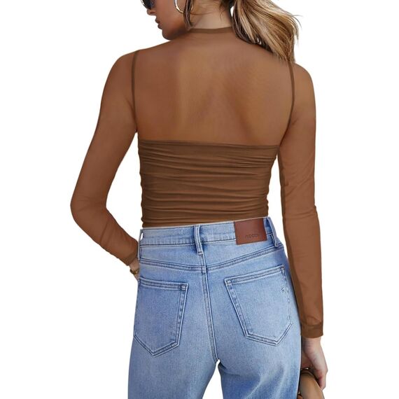 Zeagoo Netz Tshirt Damen Transparente Bluse Rundhal Netzoberteil Sexy Party Top Langarm Clubwear Mesh Shirt Slim Fit Langarmshirt Braun XXL