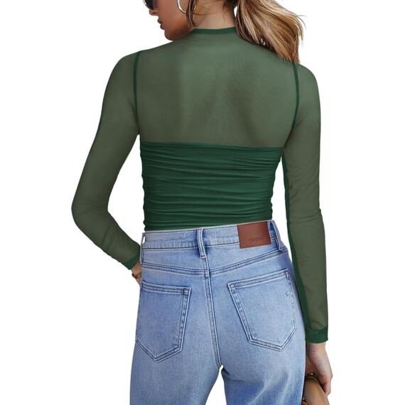 Zeagoo Sexy Party Top Damen Rundhal Netzoberteil Mesh T Shirt Langarm Frauen Clubwear für Halloween Karneval Grün Langarmshirt XS