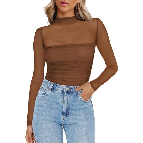 Zeagoo Netz Oberteil Damen Rundhal Transparente Bluse Langarm Mesh T Shirt Sexy Tops Party Slim Fit Frauen Clubwear Für Herbst Braun S