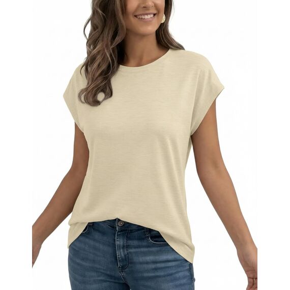 AirMood Lässiges Basic-T-Shirt für Damen, elegant, lockere Passform, Rundhalsausschnitt, Flügelärmel, Aprikose, XXL