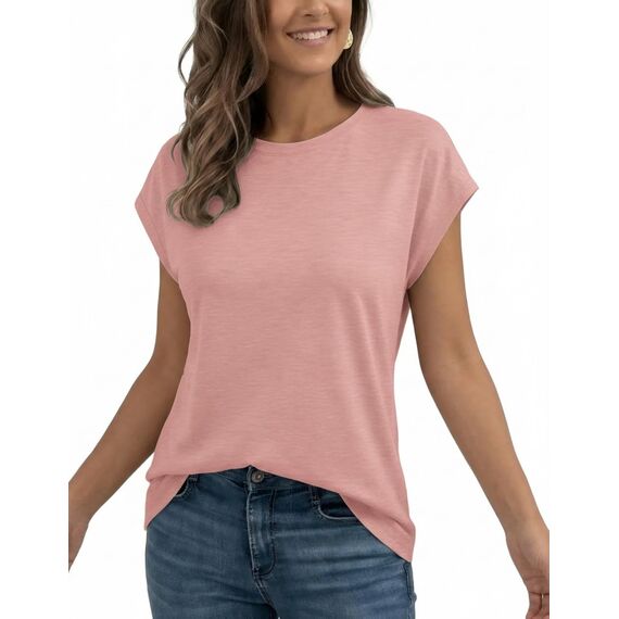 AirMood Lässiges Basic-T-Shirt für Damen, elegant, lockere Passform, Rundhalsausschnitt, Flügelärmel, Rose, Small