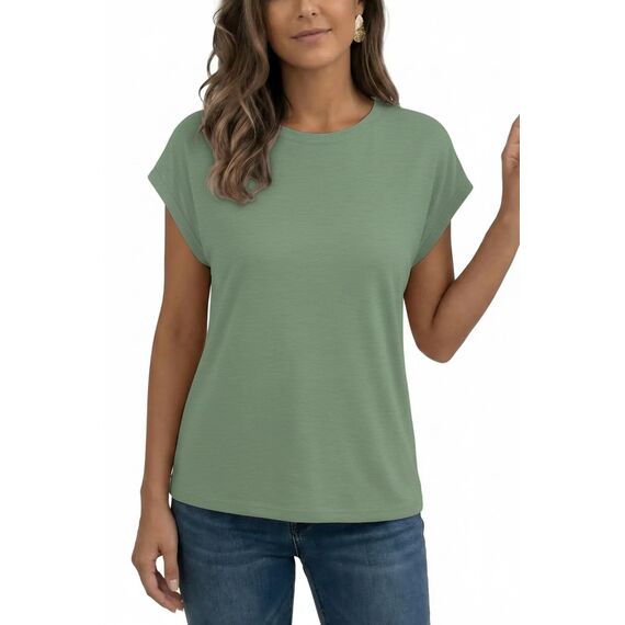 AirMood Lässiges Basic-T-Shirt für Damen, elegant, lockere Passform, Rundhalsausschnitt, Flügelärmel, grün, M