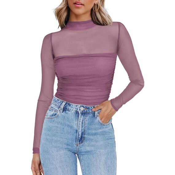 Zeagoo Netzoberteil Für Damen Sexy Party Top Mesh Oberteil Langarm Transparente Bluse Netz Tshirt Slim Fit Langarmshirt Frauen Clubwear Halloween Lila XL