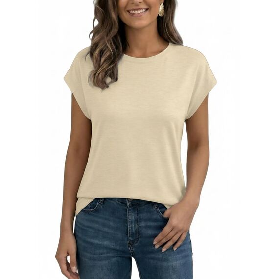AirMood Lässiges Basic-T-Shirt für Damen, elegant, lockere Passform, Rundhalsausschnitt, Flügelärmel, Aprikose, XXL