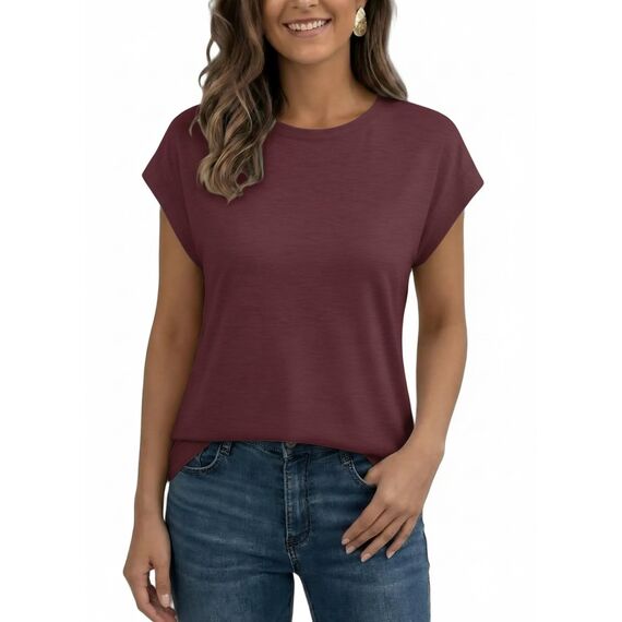 AirMood Lässiges Basic-T-Shirt für Damen, elegant, lockere Passform, Rundhalsausschnitt, Flügelärmel, burgunderfarben, M