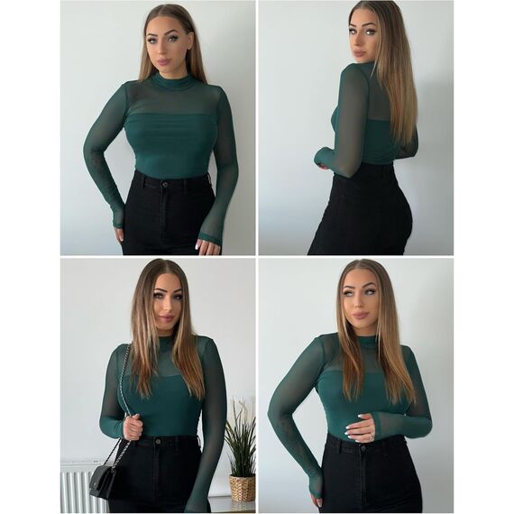 Zeagoo Sexy Party Top Damen Rundhal Netzoberteil Mesh T Shirt Langarm Frauen Clubwear für Halloween Karneval Grün Langarmshirt XS