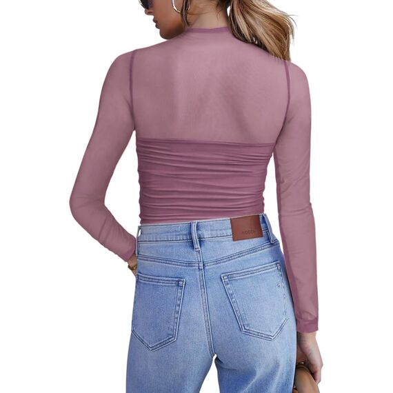 Zeagoo Netzoberteil Für Damen Sexy Party Top Mesh Oberteil Langarm Transparente Bluse Netz Tshirt Slim Fit Langarmshirt Frauen Clubwear Halloween Lila XL