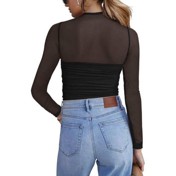 Zeagoo Netz Oberteil Damen Rundhal Transparente Bluse Langarm Mesh T Shirt Sexy Tops Party Slim Fit Frauen Clubwear Für Herbst Schwarz S
