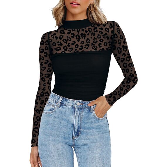 Zeagoo Langarmshirt Damen Rundhal Netzoberteil Sexy Party Top Mesh T Shirt Langarm Frauen Clubwear für Halloween Karneval Schwarz Leopardenprint L