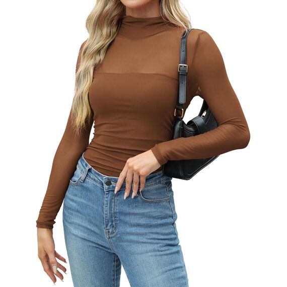Zeagoo Transparentes Oberteil Damen Netzoberteil Rundhal Langarm Mesh Shirt Sexy Party Tops Netz Clubwear Slim Fit Langarmshirt Braun M