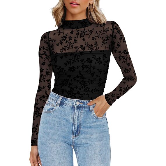 Zeagoo Langarmshirt Damen Rundhal Netzoberteil Sexy Party Top Mesh T Shirt Langarm Frauen Clubwear für Halloween Karneval Schwarz Geblümt L