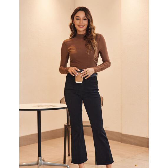 Zeagoo Netz Oberteil Damen Langarm Mesh T Shirt Rundhal Transparente Bluse Sexy Tops Party Slim Fit Frauen Clubwear für Herbst Braun XS