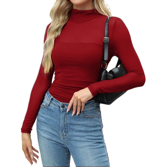 Zeagoo Transparentes Oberteil Damen Netzoberteil Rundhal Langarm Mesh Shirt Sexy Party Tops Netz Clubwear Slim Fit Langarmshirt Rotwein M