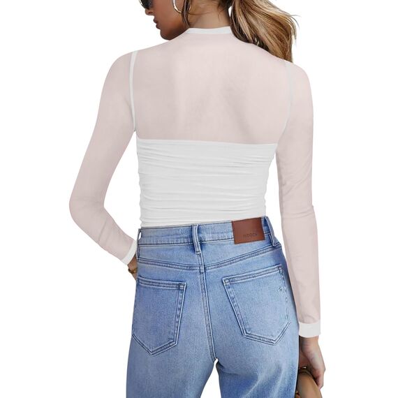 Zeagoo Netz Tshirt Damen Transparente Bluse Rundhal Netzoberteil Sexy Party Top Langarm Clubwear Mesh Shirt Slim Fit Langarmshirt Weiß XXL