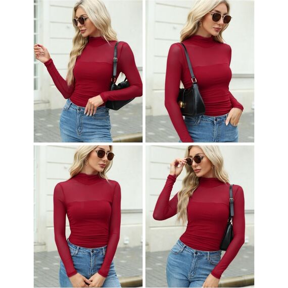 Zeagoo Sexy Party Top Damen Rundhal Netzoberteil Mesh T Shirt Langarm Frauen Clubwear Für Halloween Karneval Rotwein Langarmshirt XS