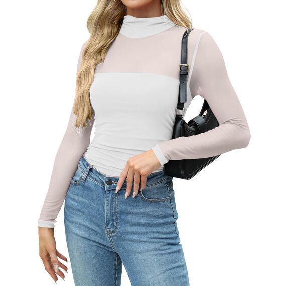 Zeagoo Transparentes Oberteil Damen Netzoberteil Rundhal Langarm Mesh Shirt Sexy Party Tops Netz Clubwear Slim Fit Langarmshirt Weiß M