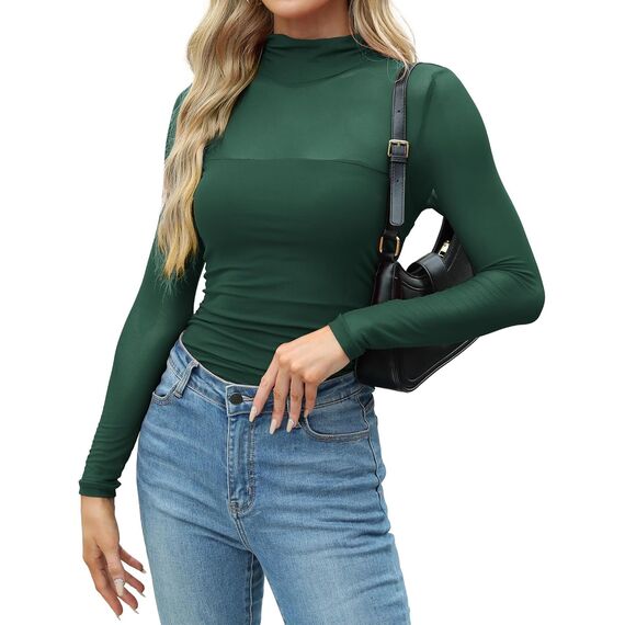 Zeagoo Sexy Party Top Damen Rundhal Netzoberteil Mesh T Shirt Langarm Frauen Clubwear für Halloween Karneval Grün Langarmshirt XS