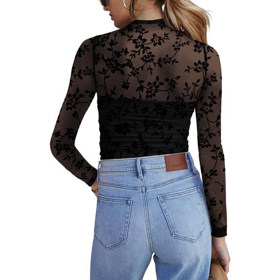 Zeagoo Langarmshirt Damen Rundhal Netzoberteil Sexy Party Top Mesh T Shirt Langarm Frauen Clubwear für Halloween Karneval Schwarz Geblümt XS