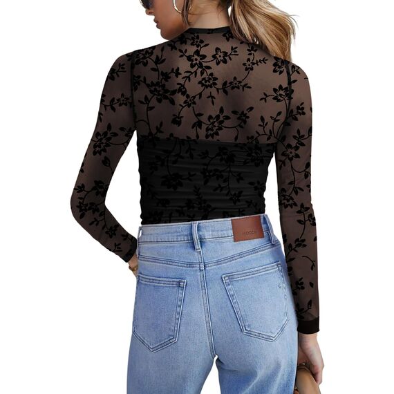 Zeagoo Transparentes Oberteil Damen Netzoberteil Rundhal Langarm Mesh Shirt Sexy Party Tops Netz Clubwear Slim Fit Langarmshirt Schwarz Geblümt M