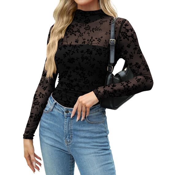 Zeagoo Netz Tshirt Damen Transparente Bluse Rundhal Netzoberteil Sexy Party Top Langarm Clubwear Mesh Shirt Slim Fit Langarmshirt Schwarz Geblümt XXL