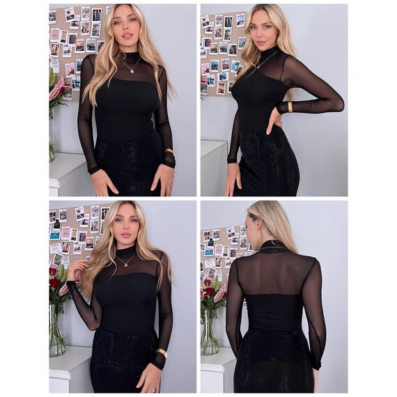 Zeagoo Netz Oberteil Damen Rundhal Transparente Bluse Langarm Mesh T Shirt Sexy Tops Party Slim Fit Frauen Clubwear Für Herbst Schwarz S