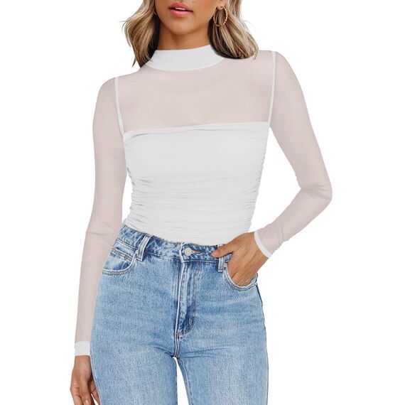 Zeagoo Netzoberteil Für Damen Sexy Party Top Mesh Oberteil Langarm Transparente Bluse Netz Tshirt Slim Fit Langarmshirt Frauen Clubwear Halloween Weiß XL