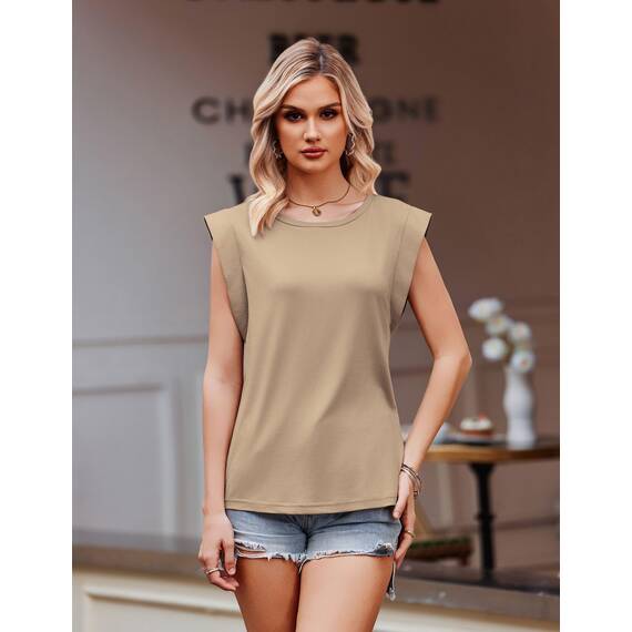 Zeagoo Tanktop Damen Elegant Cap Ärmel Top Basic Rundhals Tops Loose Fit Sommertop Ärmellose Bluse Khaki XS
