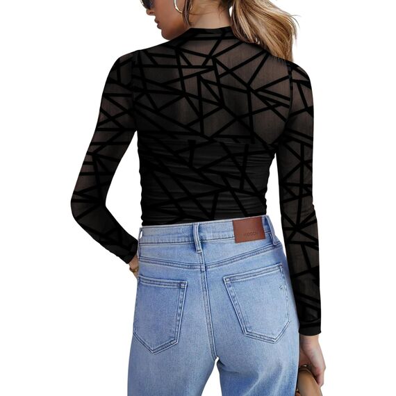 Zeagoo Mesh Langarmshirt Damen Rundhal Netzoberteil Sexy Party Top Langarm Frauen Clubwear für Halloween Karneval Schwarzes Raster XS