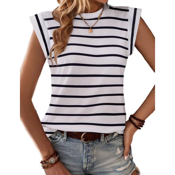 Zeagoo Tops für Damen Locker Basic Tanktop Cap Ärmel Sommertop Elegant Ärmellose T Shirt Gestreift Weiß S