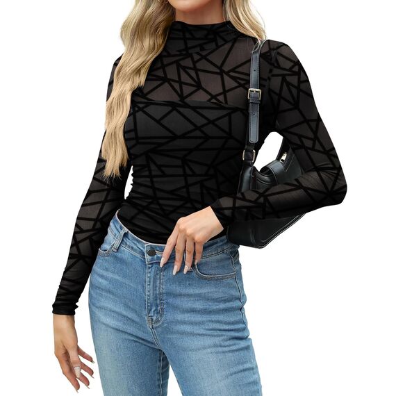 Zeagoo Mesh Langarmshirt Damen Rundhal Netzoberteil Sexy Party Top Langarm Frauen Clubwear für Halloween Karneval Schwarzes Raster XS